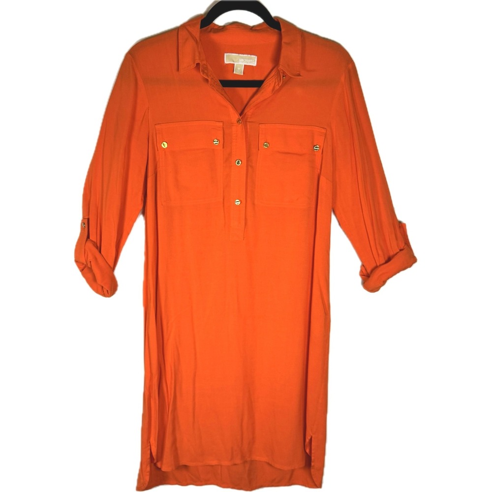 Michael Kors Shirt Dress Women Size M Orange Roll Tab Sleeve Bright Versatile
